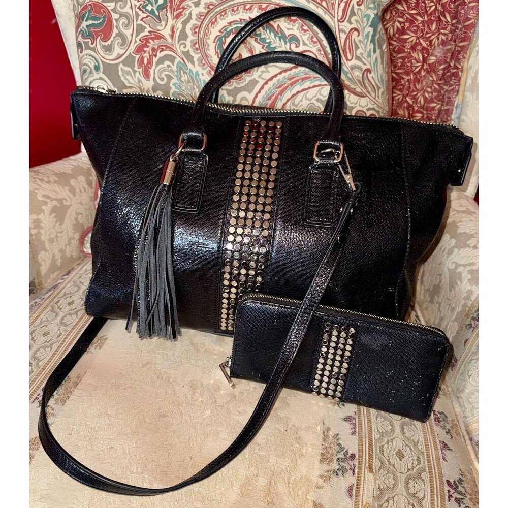Milly Black Studded Pebbled Leather Tassel Tote Bag/Wallet
